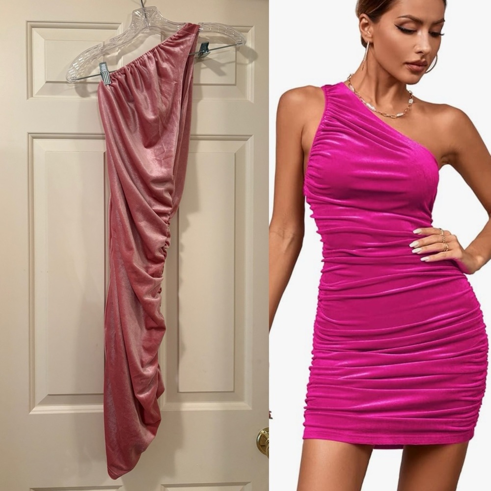 One shoulder stretch velour Barbie pink dress